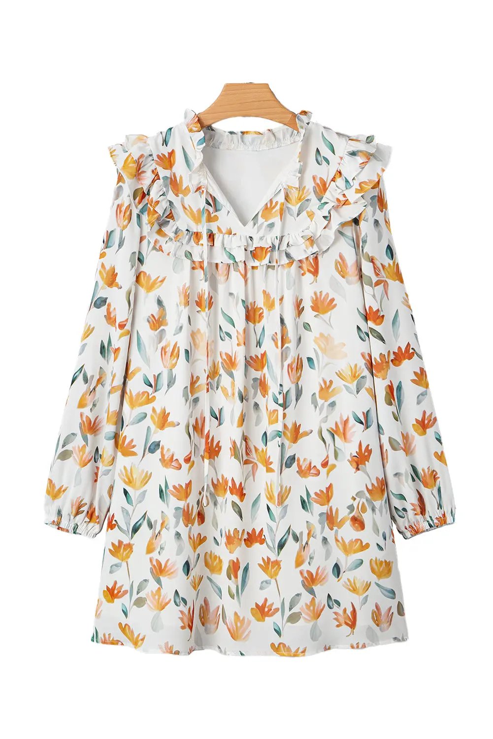 Yellow Floral Print Tie Neck Frilled Long Sleeve Mini Dress Dear-Lover Dropshipping